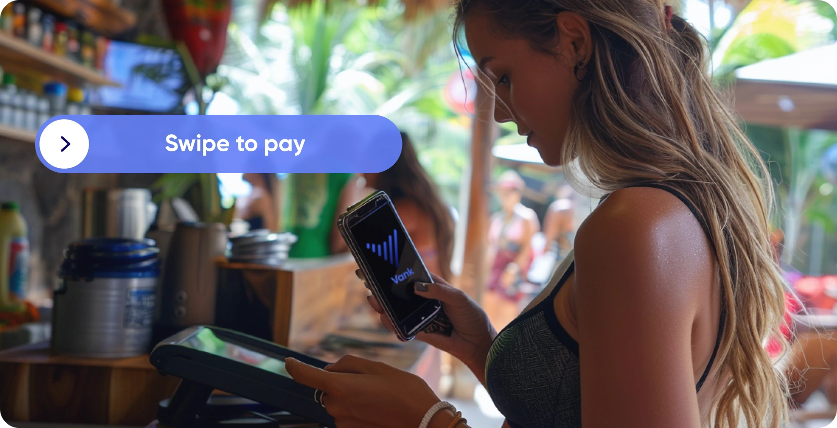 Image of a woman making a payment at a store using her cellphone, showcasing mobile payment technology in action.