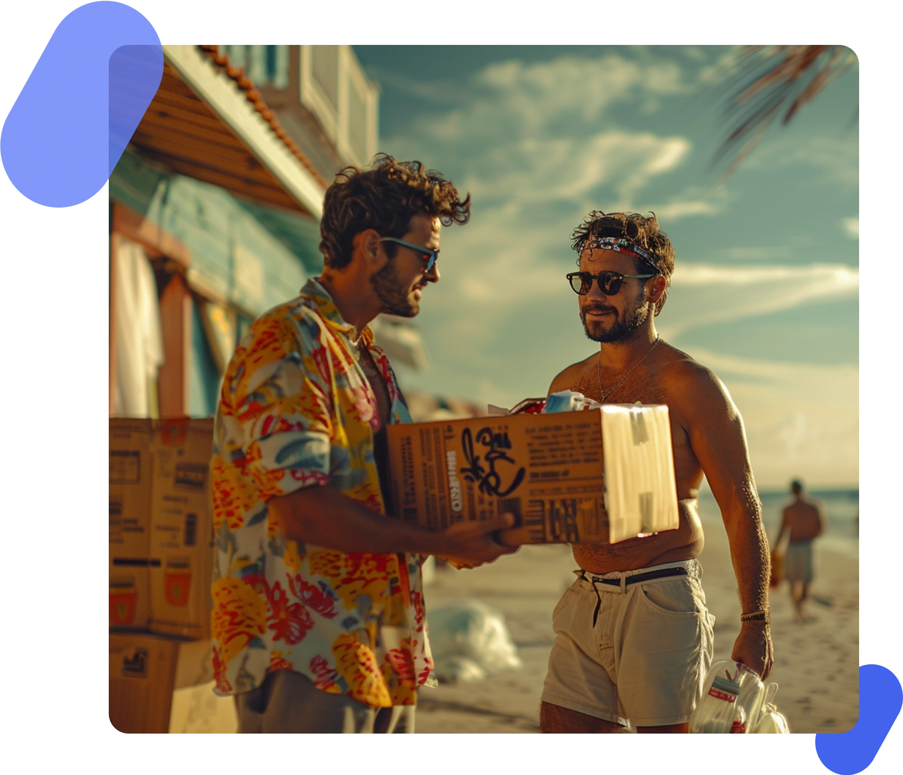 Two men at the beach, one holding a box.