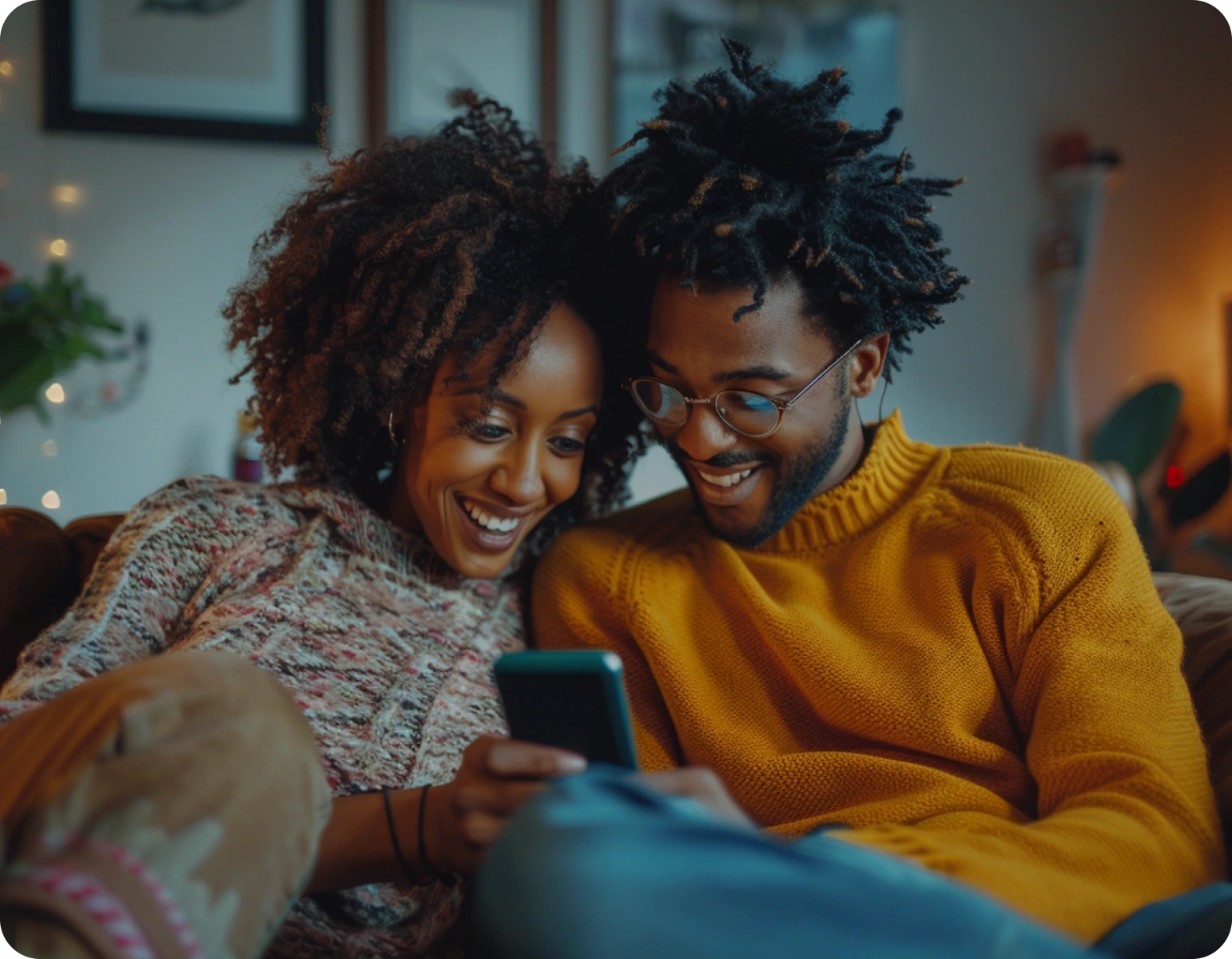 A couple sitting on their home sofa, looking at a cellphone together.